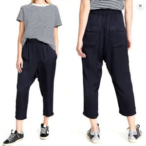 Nili Lotan XS Slouchy Elastic Waist LINEN Luna Pant Crop Black Drop Crotch 0 2